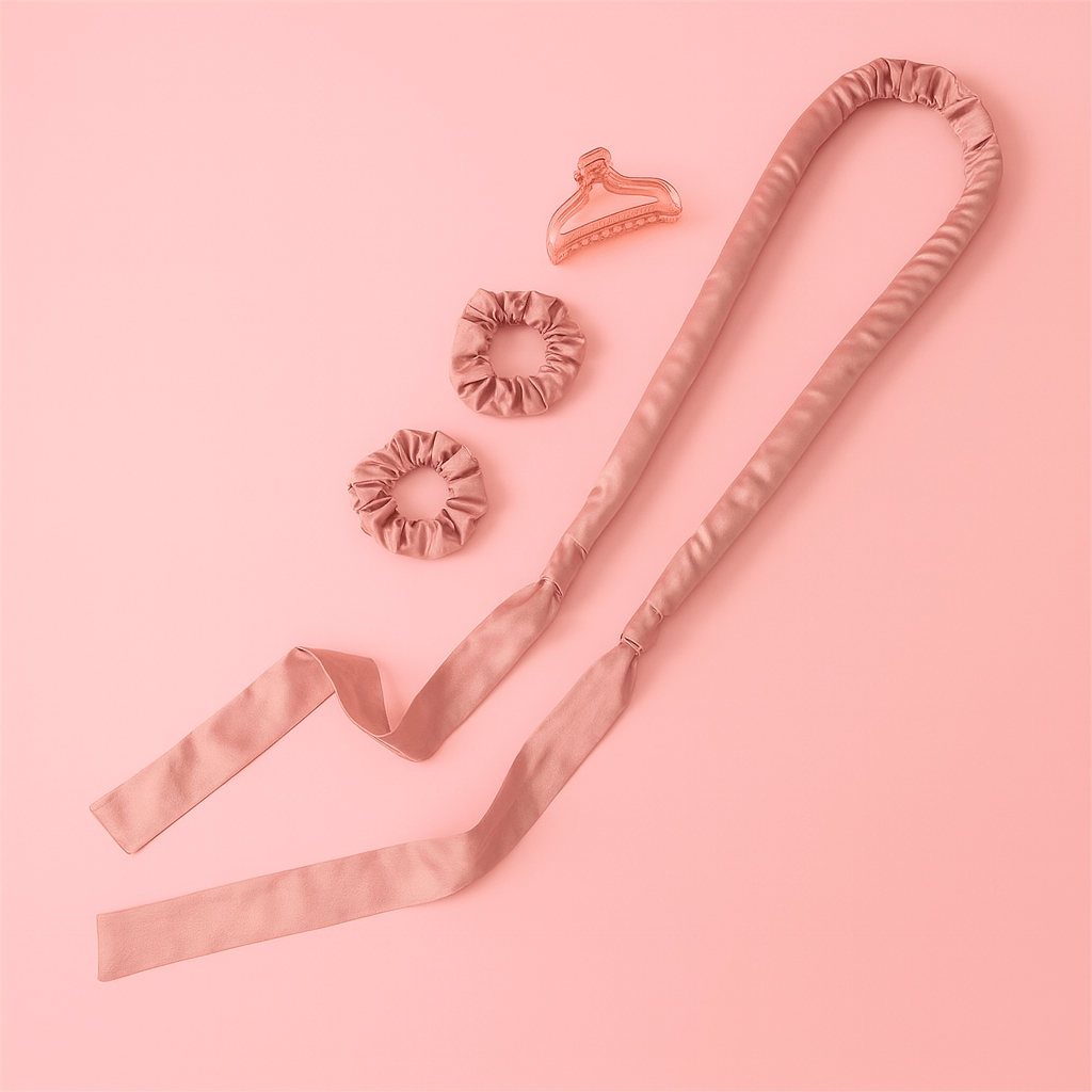 Heatless Curl Kit featuring a silky satin tool, hair scrunchies, and hair clip on a pink background.