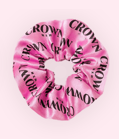 Satin Scrunchie in soft pink satin featuring CROWN WASH logo, perfect for frizz-free styling and a luxurious finish.