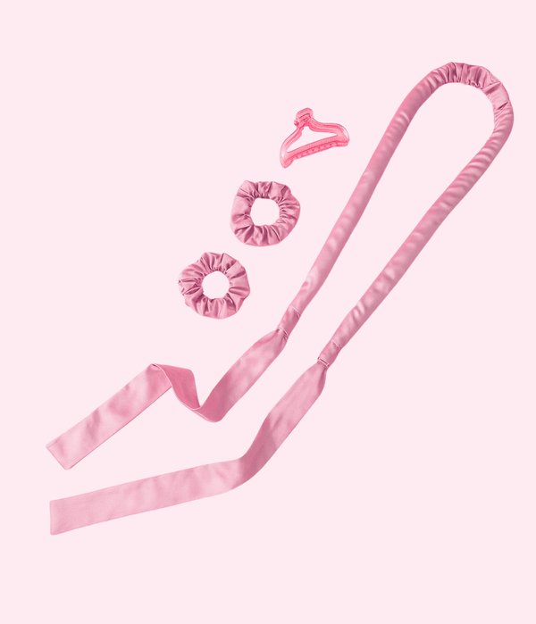 Heatless Curl Kit featuring a silky satin tool, scrunchies, and a hair clip for effortless curls without heat.