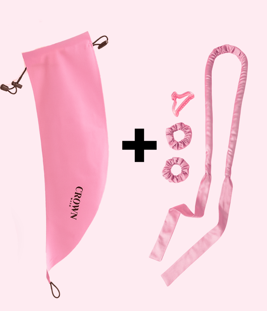 Pony Cap & Heatless Curl Kit Bundle including Crown Wash Pony Cap and accessories in pink.